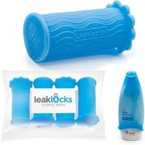 LeakLocks® Toiletry Skins™ 4 pak Elastic Sleeve for Leak Proofing Travel Container in Luggage. For Standard and Travel Sized Toiletries. Reusable Accessory for Travel Bag Suitcase and Carry-on Luggage
