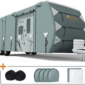 KING BIRD Upgraded Travel Trailer RV Cover, Extra-Thick 5 Layers Anti-UV Top Panel, Durable Camper Cover, Fits 22'- 24' Motorhome -Breathable, Waterproof, Rip-Stop with 2Pcs Straps & 4 Tire Covers