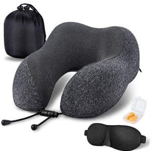 MLVOC Travel Pillow 100% Pure Memory Foam Neck Pillow, Comfortable & Breathable Cover, Machine Washable, Airplane Travel Kit with 3D Contoured Eye Masks, Earplugs, and Luxury Bag, Standard (Black)…
