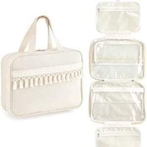 Mkono Hanging Travel Toiletry Bag with Macrame Tassel Makeup Bag for Women and Girl, Boho Cosmetic Case Large Capacity Bathroom Travel Organizer for Accessories, Perfect for Traveling Daily Use Gift