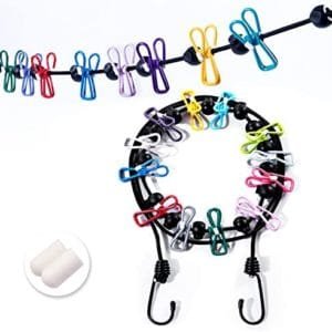 Portable Clothesline with 12 Colorful Clothespins, Windproof Travel Clothesline Stretchy Retractable Elastic Laundry Clothes Line for Backyard, Vacation Hotel, Balcony and Indoor Use