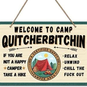 PETCEE Welcome to Camp Quitcherbitchin Sign, 8"x12" Funny Farmhouse Camper Decorations Rv Accessories for Inside Camping Gifts for Happy Camper Camping Hanging Plaque Sign for RV Travel Trailers Wall Window Man Cave Decor