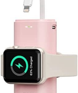 iWALK Portable Apple Watch Charger, 9000mAh Power Bank with Built in Cable, Apple Watch and Phone Charger, Compatible with Apple Watch Series 7/6/Se/5/4/3/2, iPhone14/13/12/12 Pro Max/ 11/6s, Pink