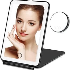 Mecion Makeup Mirror with 10X Magnifying Mirror, Vanity Mirror with 80 LED Lights, Compact LED Mirror, Portable Cosmetic Mirror with 3 Color Lights, Travel Accessories for Women (Black)