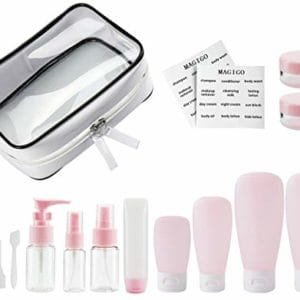 MAGIGO Pink Toiletries Leak Proof Travel Bottle Set (16 Pack), TSA Approved Airline Carry-On with Clear Bags for Women