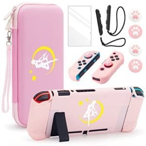 Large Switch Case for Nintendo Switch, Cute Sailor Moon Carry Travel Protective Storage Case Game Accessories Kit with 2pcs Wrist Strap & 4pcs Thumb Grips Caps and Screen Protector (Pink)