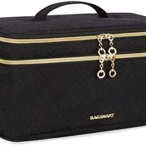 Large Makeup Bag, BAGSMART Double Layer Cosmetic Bag Travel Makeup Case Organizer with Shoulder Strap for Cosmetics Makeup Brushes Toiletries Travel Accessories (Large, Black)