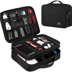 MATEIN Electronics Travel Organizer, Water Resistant Electronic Accessories Case with Handle, Portable Tech Travel Gifts for Men Double Layer Cable Storage Bag for Cord, Charger, Ipad Mini, Black