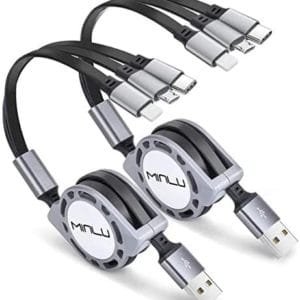 Multi Charging Cable 3A MINLU 2Pack 4ft 3 in 1 Retractable USB Cable Fast Charger Cord with IP/Type C/Micro USB Port for Phone 13 12 11 Xs Xr X 8 7 6 5/Tablets/Samsung Galaxy/Huawei/Sony/LG/HTC/Ps4 5