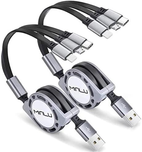 Multi Charging Cable 3A MINLU 2Pack 4ft 3 in 1 Retractable USB Cable Fast Charger Cord with IP/Type C/Micro USB Port for Phone 13 12 11 Xs Xr X 8 7 6 5/Tablets/Samsung Galaxy/Huawei/Sony/LG/HTC/Ps4 5