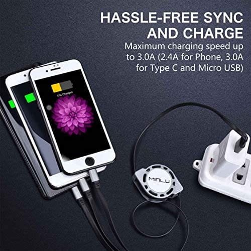 Multi Charging Cable 3A MINLU 2Pack 4ft 3 in 1 Retractable USB Cable Fast Charger Cord with IP/Type C/Micro USB Port for Phone 13 12 11 Xs Xr X 8 7 6 5/Tablets/Samsung Galaxy/Huawei/Sony/LG/HTC/Ps4 5 - Image 2
