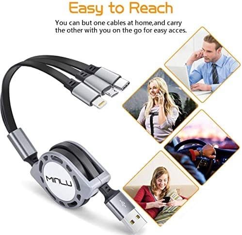 Multi Charging Cable 3A MINLU 2Pack 4ft 3 in 1 Retractable USB Cable Fast Charger Cord with IP/Type C/Micro USB Port for Phone 13 12 11 Xs Xr X 8 7 6 5/Tablets/Samsung Galaxy/Huawei/Sony/LG/HTC/Ps4 5 - Image 7