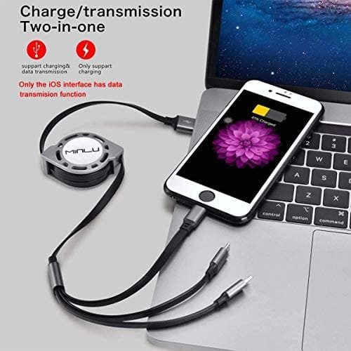 Multi Charging Cable 3A MINLU 2Pack 4ft 3 in 1 Retractable USB Cable Fast Charger Cord with IP/Type C/Micro USB Port for Phone 13 12 11 Xs Xr X 8 7 6 5/Tablets/Samsung Galaxy/Huawei/Sony/LG/HTC/Ps4 5 - Image 3
