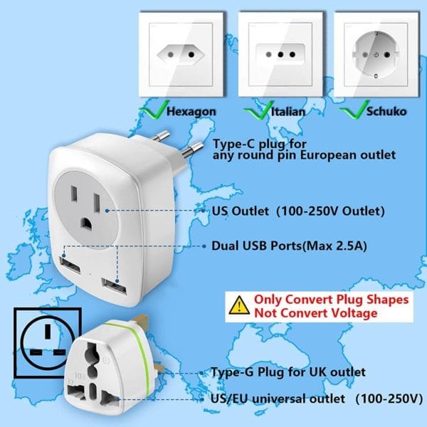 European Travel Plug Adapter for Europe & UK, American to Ireland Italy France Spain Greece Germany Israel Travel Essentials, International Power Outlet USB Charger, US to EU UK Travel Accessories - Image 2