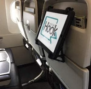Plane, Train, car Phone and Tablet seat Back Holder, Table Clip and Phone Stand. TABLETHOOKZ Include securing Feature to Keep Your Device Secure, Compatible with iPhone, iPad, Tablets. (Black v2)