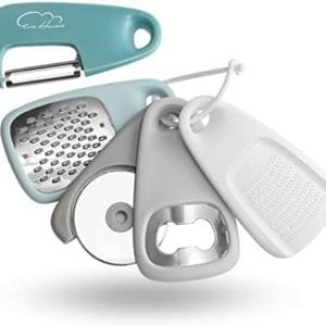 Kitchen Gadgets Set 5 Pieces, Space Saving Cooking Tools Cheese Grater, Bottle Opener, Fruit/Vegetable Peeler, Pizza Cutter, Garlic/Ginger Grinder, Stainless Steel Accessories Dishwasher Safe(Blue)…