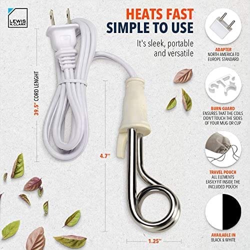 Lewis N. Portable Immersion Water Heater + Electric Kettle Alternative for Coffee, Tea + Hot Chocolate, Camping, Travel + Office w/Travel Adapter, White, 120/240v - Image 5