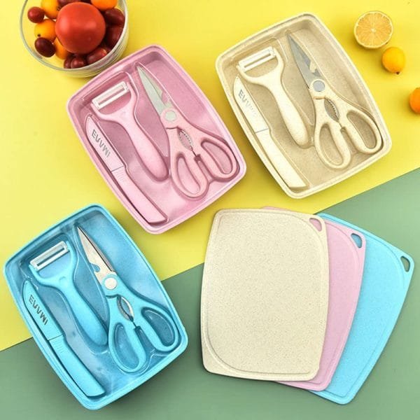 Wheat Straw Kitchen 5pcs Small Set, BPA Free Food Safe Wheat straw PP material, Dishwasher safe, Cutting board, Tray, Scissors, Peeler, Fruit knife, Travel set, Camping set, Picnic, Dormitory, Blue - Image 2