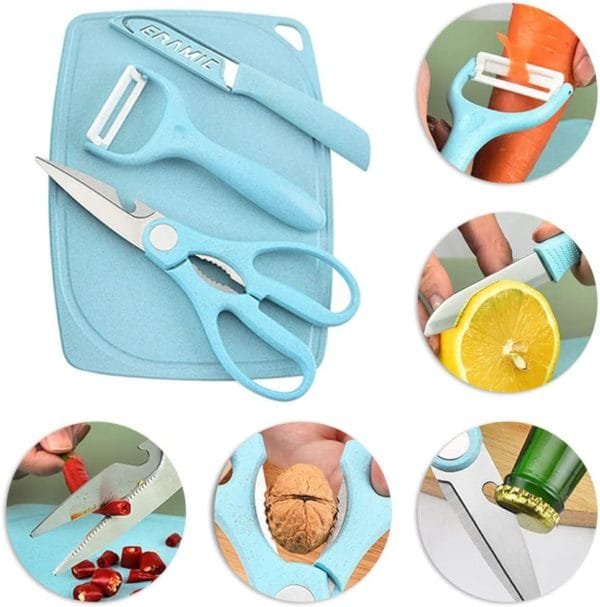 Wheat Straw Kitchen 5pcs Small Set, BPA Free Food Safe Wheat straw PP material, Dishwasher safe, Cutting board, Tray, Scissors, Peeler, Fruit knife, Travel set, Camping set, Picnic, Dormitory, Blue - Image 4