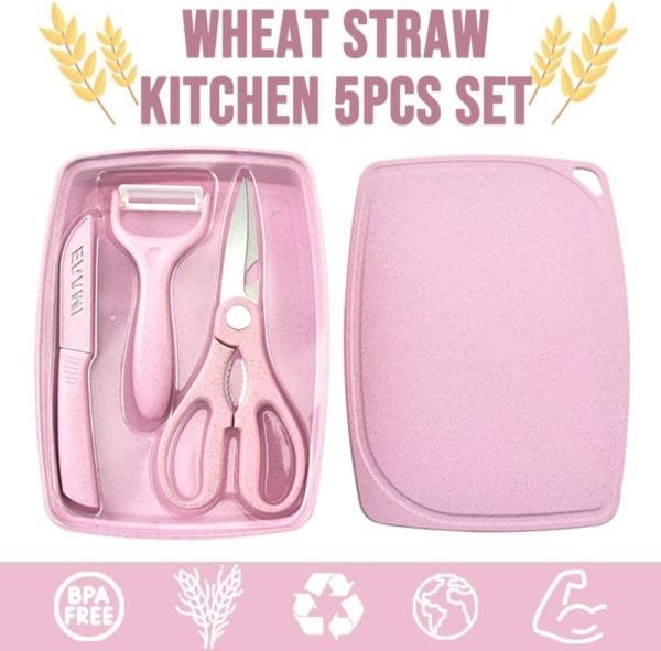 Wheat Straw Kitchen 5pcs Small Set, BPA Free Food Safe Wheat straw PP material, Dishwasher safe, Cutting board, Tray, Scissors, Peeler, Fruit knife, Travel set, Camping set, Picnic, Dormitory, Blue - Image 3