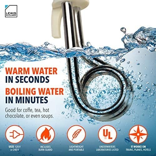 Lewis N. Portable Immersion Water Heater + Electric Kettle Alternative for Coffee, Tea + Hot Chocolate, Camping, Travel + Office w/Travel Adapter, White, 120/240v - Image 2