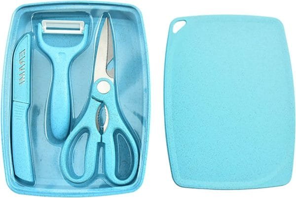 Wheat Straw Kitchen 5pcs Small Set, BPA Free Food Safe Wheat straw PP material, Dishwasher safe, Cutting board, Tray, Scissors, Peeler, Fruit knife, Travel set, Camping set, Picnic, Dormitory, Blue