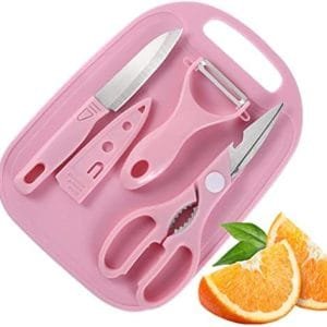 Mini Travel Cutting Board Set, 4 Pcs Portable Mini Camping Plastic Cutting Board & Knife, Fruits & Vegetable Peeler Scissors (Pink)