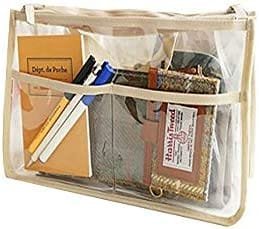 Handbag Organizer Clear Cosmetic Gadget Insert See Through Purse Organiser Transparent Makeup Travel Pouch Liner with Handle (Beige , 11(L)x6.5(W)x4"(D) )