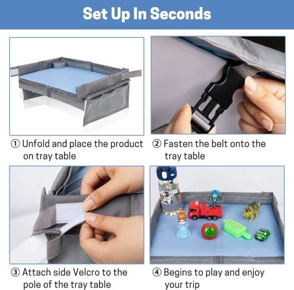 GNEGNI Kids Travel Tray for Airplane, Foldable Travel Tray Cover Blue on Train Plane Travel Essentials, Toddlers Travel Tray Table Fit For Toys Snacks with Strap Tighten & Portable Storage bag - Image 3