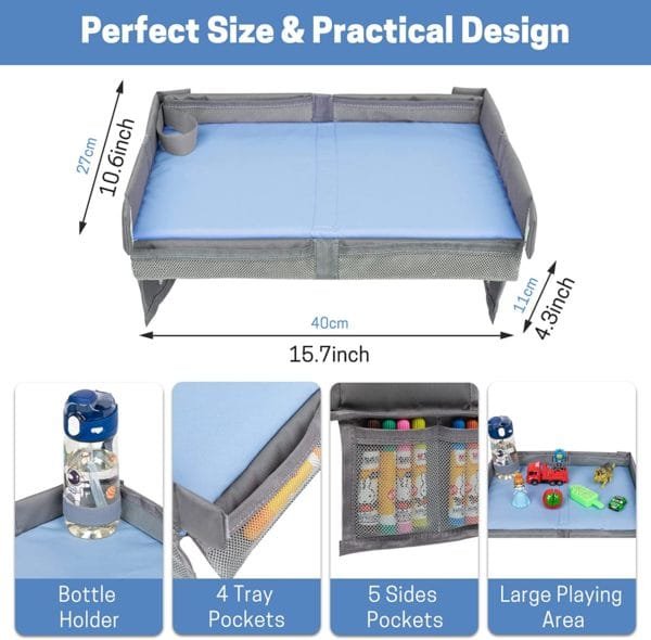 GNEGNI Kids Travel Tray for Airplane, Foldable Travel Tray Cover Blue on Train Plane Travel Essentials, Toddlers Travel Tray Table Fit For Toys Snacks with Strap Tighten & Portable Storage bag - Image 2