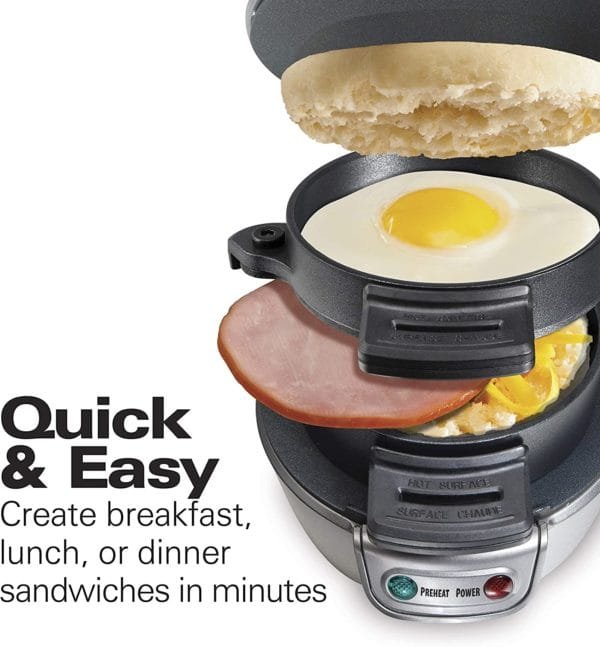 Hamilton Beach Breakfast Sandwich Maker with Egg Cooker Ring, Customize Ingredients, Perfect for English Muffins, Croissants, Mini Waffles, Single, Silver - Image 2