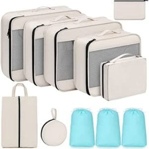 H.TRAVER Packing Cubes 11 Set, Suitcase Organizer Bags Set Travel Organizer Luggage, Collapsible Organizers for Suitcase Packing Organizers for Travel Accessories. (Beige)