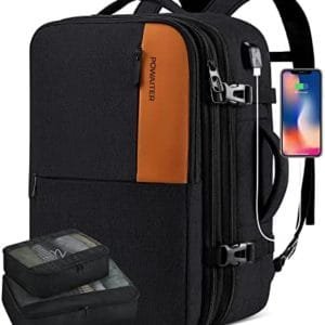 POWAITER Large Travel Backpack for Women Men, Carry on Backpack Flight Approved Fits 17 Inch Laptop Luggage Suitcase Backpack with 4 Packing Cubes for Business, Overnight or Weekend Trips-Black
