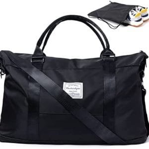 PLIKSUVER Travel Bags for Women and Men, Expandable Weekender Bag with Drawstring Backpacks, Carry-On Overnight Bags with Trolley Sleeve Wet Pocket, Gym Tote Duffel Bag Hospital Bag (black)