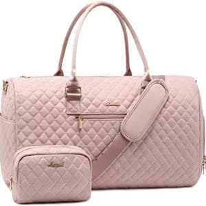 LOVEVOOK Travel Duffle Bag, Weekender Bag for Women with Toiletry Bag, Carry on Overnight Bag with Shoe Compartment, Gym Duffel Bag with Wet Pocket, Mommy Hospital Bags for Labor and Delivery Pink