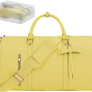 Garment Bags for Travel, Convertible Suit Travel Bag for Women, Stylish Carry On Garment Bag with Toiletry Pocket, Shoulder Strap and Shoes Compartment, 2 in 1 Foldable PU Leather Duffle Bag, Yellow
