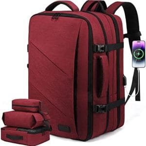 LOVEVOOK Carry On Backpack, 40L Flight Approved Travel Backpack with Lock, Expandable Large 17 Inch Luggage Daypack with USB Port, Waterproof Weekender Overnight Backpack, Wine Red