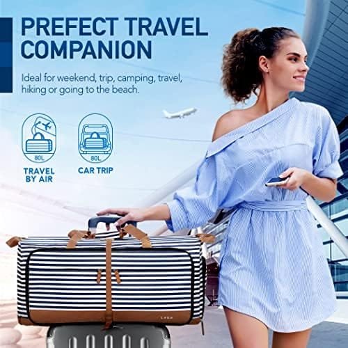 Lekesky Travel Duffel Bag Bag for Women 80L Large Duffel Bag Foldable Weekender Bag with Shoes Compartment, Blue Stripes - Image 2