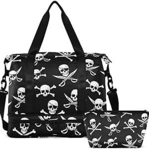 Pirate Skull Travel Duffel Bag for Women Men Gym Bag with Shoe Compartment Wet Pocket Carry On Weekender Overnight Bags for Travel Hospital Gym